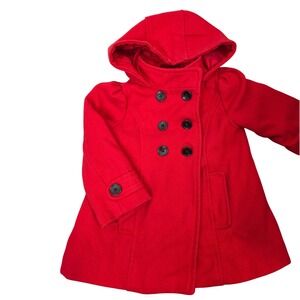 Old Navy 2T Red Double Breasted Hooded Pea Coat Button Front Pleated Girls/ A140